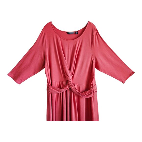 LANDS END Women Plus 2X 20 22 Dress Midi Twist Knot Coral Pima Cotton 3/4 Sleeve - Picture 2 of 8